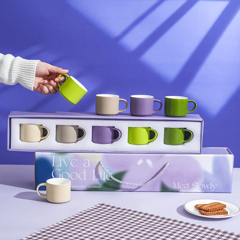 

5Pcs 80ml Porcelain Coffee Cup Set Gift Box Halloween Gift Box Modern Solid Color Coffee Mug Set For Home Office Gift Set