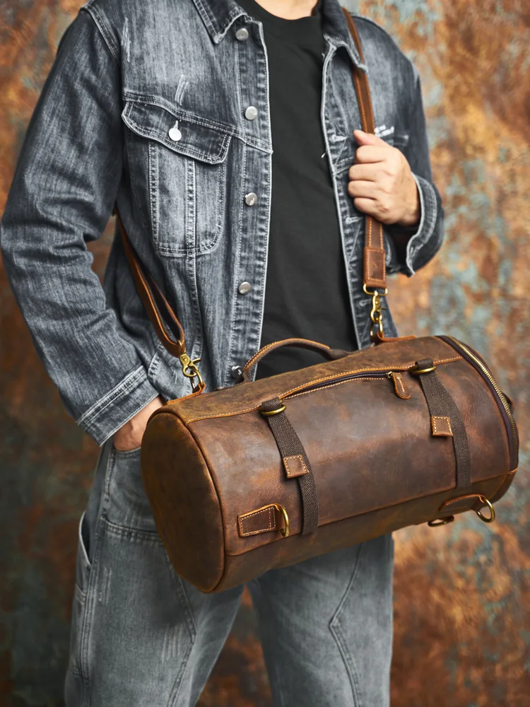 NASVA Genuine Leather Men's Multifunctional Bag Vintage Backpack Crossbody Handbag Tote Cylinder Bag 2