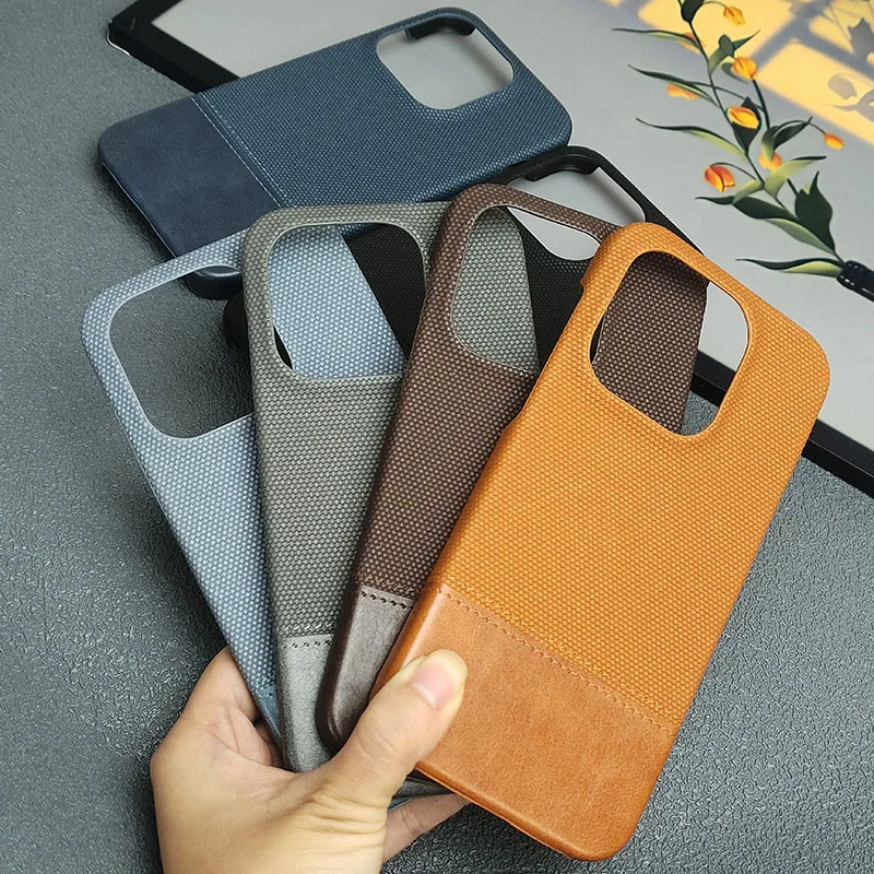 Luxury Matte Cotton Linen Leather Phone Case - Color Contrast Protective Cover