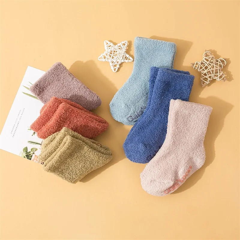 

Simple Baby Socks Autumn Winter Warm Feather Yarn Sock for Infant Boy Girl Korean Solid Color Toddler Anti-slip Floor Socks