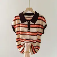 Contrasted Striped Lapel Short-sleeved T-shirt for Women in Summer Loose Casual and Versatile POLO Shirt - Image 2