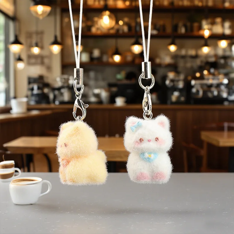 Cute Plush Flocked 3D Resin Cat Keychain Bag Accessory Phone Strap Gift