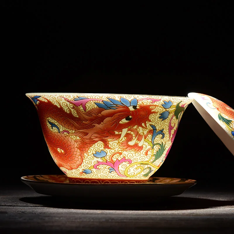 Chinese Kungfu Gaiwan Tea Tureen Intricately Designed Dragon and Phoenix Tea Cups with Elegant Ceramic Color Enamel Teaware Tea Set