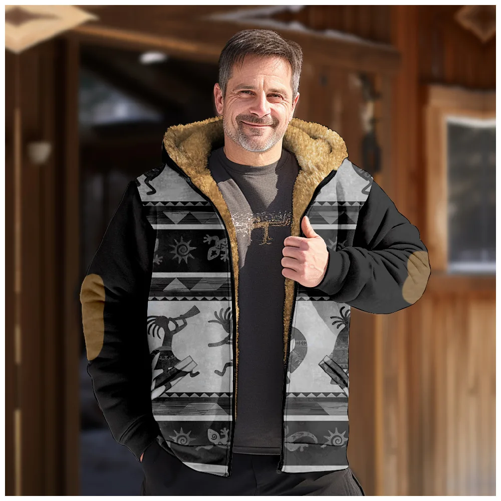 New multi color patterned hooded sweater with casual print long sleeved zippered sweater thick cotton jacket for winter