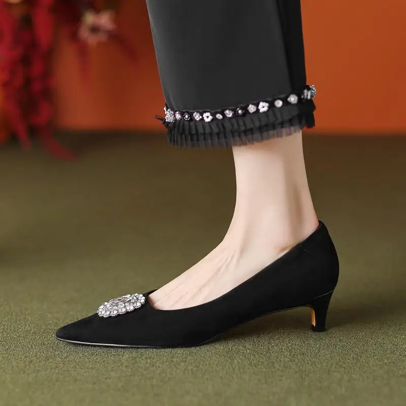 

Sheepskin Genuine Leather Women Heels Shoes Pure Colour Beautiful Rhinestone Fashion Sweet Club Party Wedding High Heel Shoes
