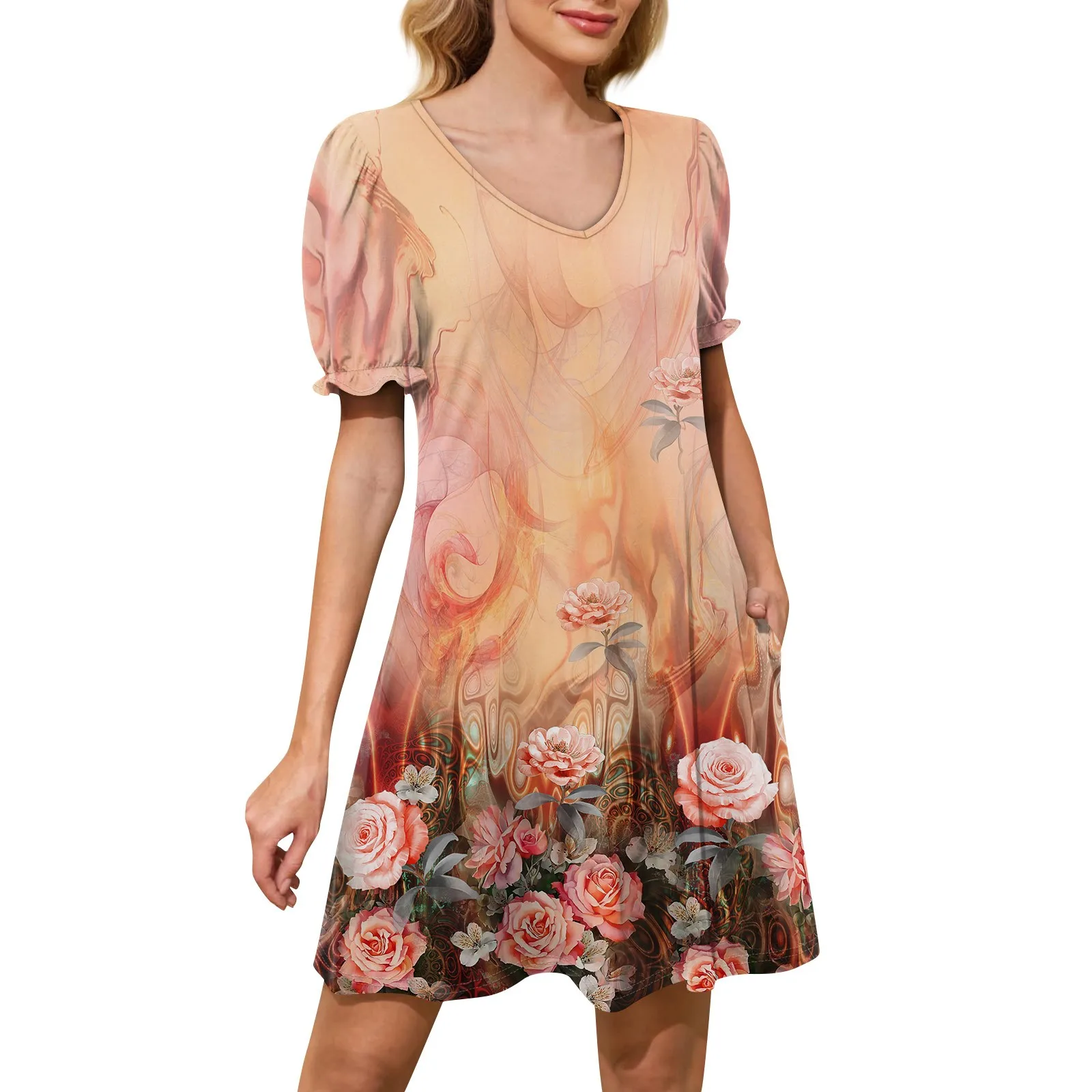 

2024 Women's Casual Dresses Puff Short Sleeve Print V-Neck Cocktail Dress With Pockets Летнія сукенкі Charming and Irresistible