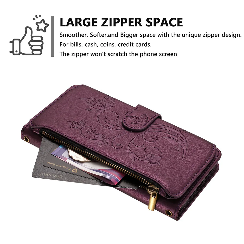 Multi Card Slot Wallet Case with Zipper Cover and Long Lanyard