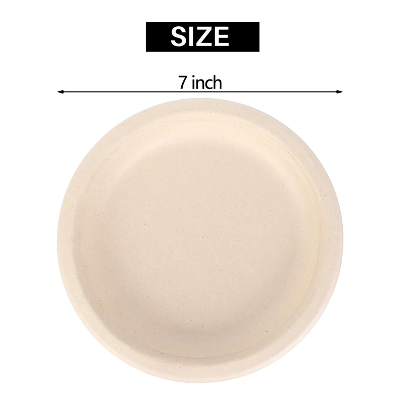100 Pack 7In Compostable Disposable Round Bagasse Paper Plates,Biodegradable Sugarcane Fibre