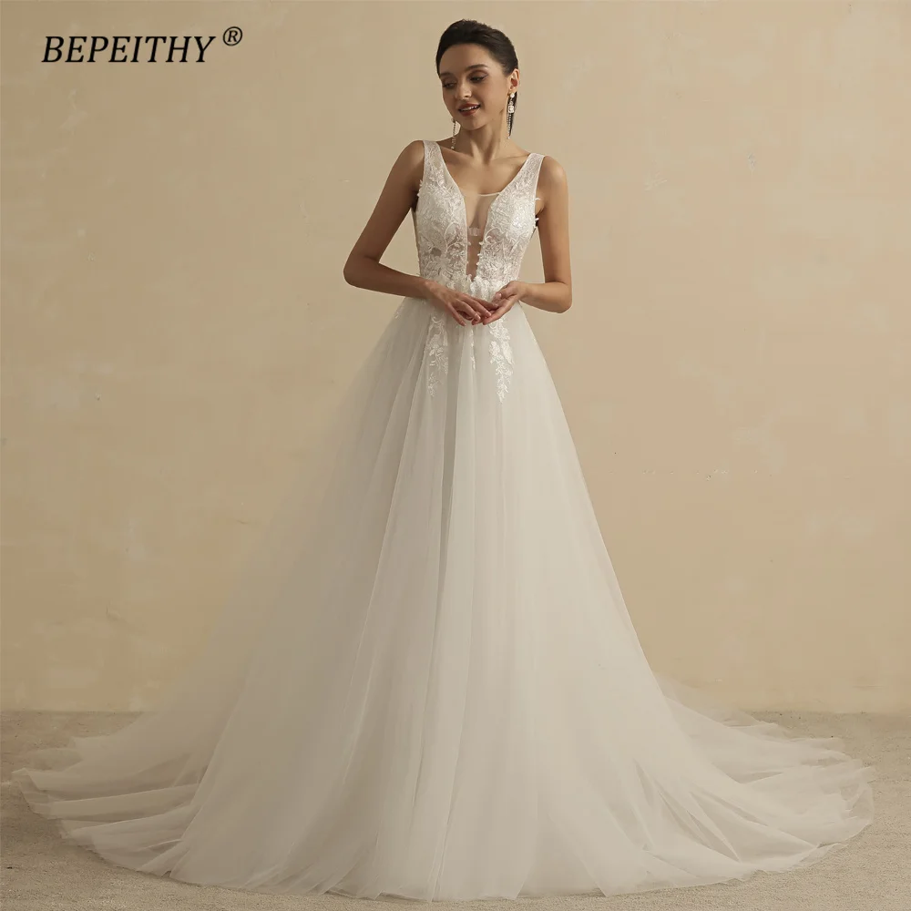 BEPEITHY Real Image Sexy Deep V Neck Wedding Dresses For Women 2022 Bride A Line Open Back Boho Bridal Party Gown Sleeveless