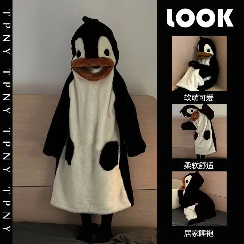 Thicken Flannel Hooded Long Robe Sleepwear Funny Cartoon Penguin Cosplay Costume Homewear Autumn Winter Coral Fleece Nightgown