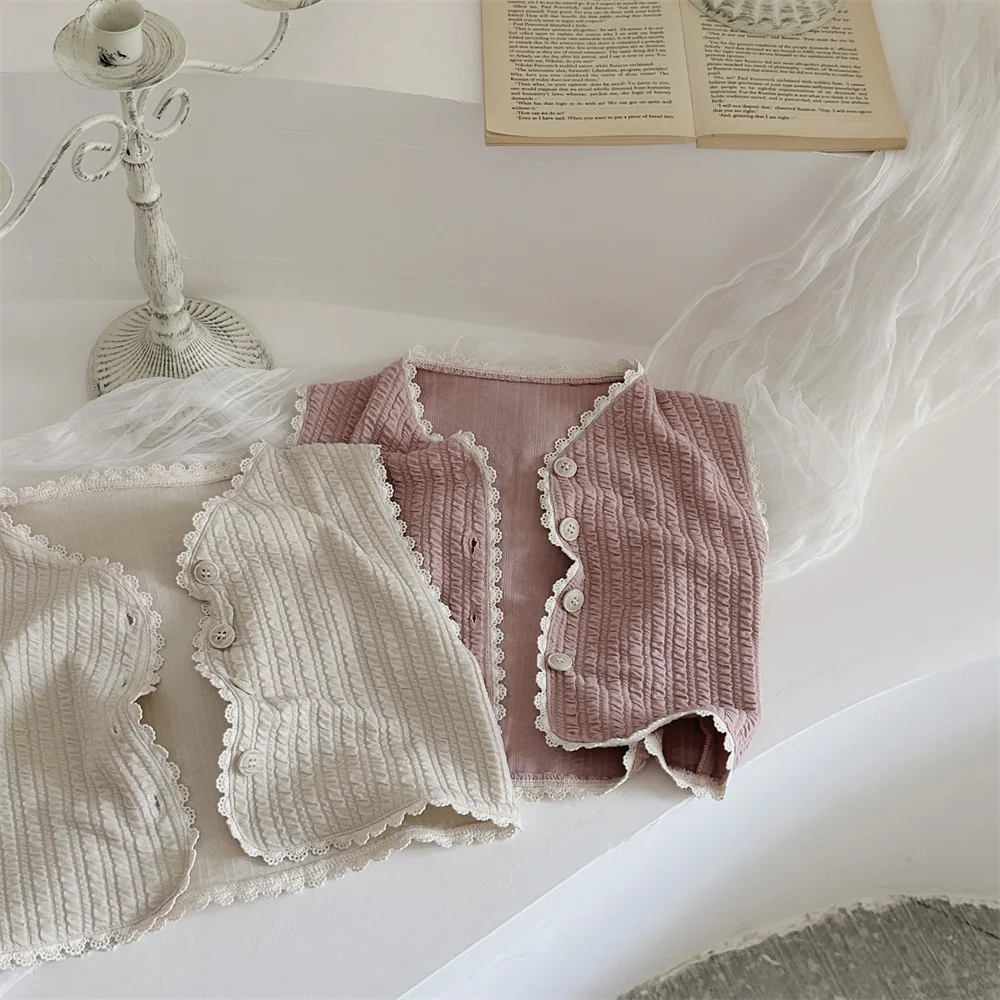 2025 Autumn New Baby Girl Sleeveless Vest Newborn Infant Cotton Cardigan Toddler Lace Vest Coat Baby Solid Clothes 0-24M