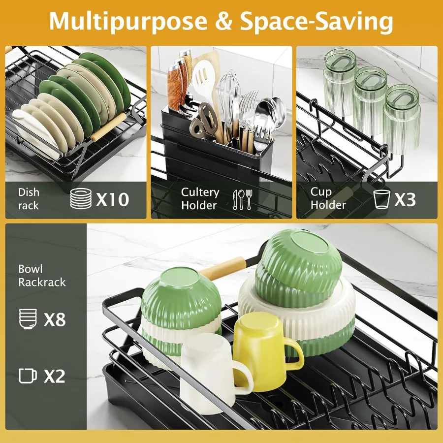 Dish Drying Rack for Kitchen CounterSpaceSaving Dish Rack Rustproof Dish Drainer with Utensil Holder and Knife Slots for Sink K