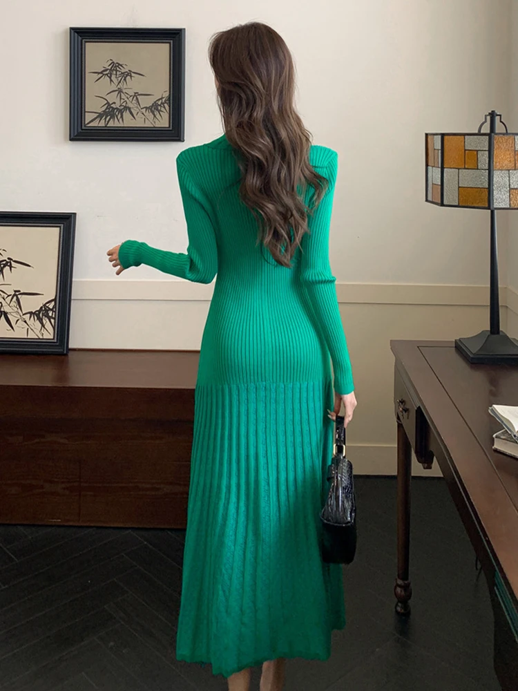 Vestiti delle donne Lavorato a maglia Risvolto Monopetto Skinny Fishtail Abito lungo Maglione Casual Elastico Robe Mujer Abiti Autunno Inverno 2