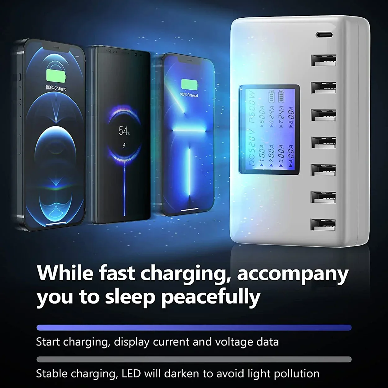 Eight-Port USB Charging Station, 60W Multi-Device Charger with LCD Display