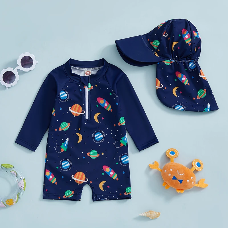 Toddler Boy Rash Guard Swimsuit with Hat 2 Pcs Set Planet Dinosaur Pattern Zip Up Long Sleeve Crew Neck Baby Boy Swimwears