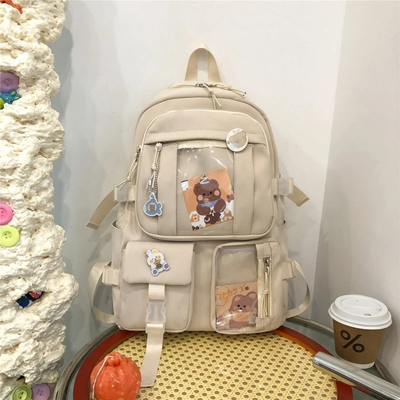 Women Girls Student Backpack Harajuku Japanese Aesthetic Multi-Pocket School Bag with Pendant Laptop Book Pack School