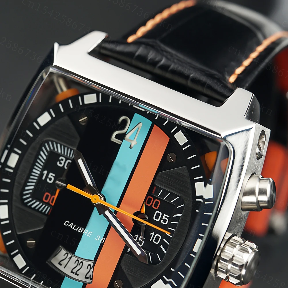 2022Fashion New Men's Color Bar Square Dial Sapphire Mirror Stainless Steel Leather Strap Sports Leisure Waterproof Quartz Watch