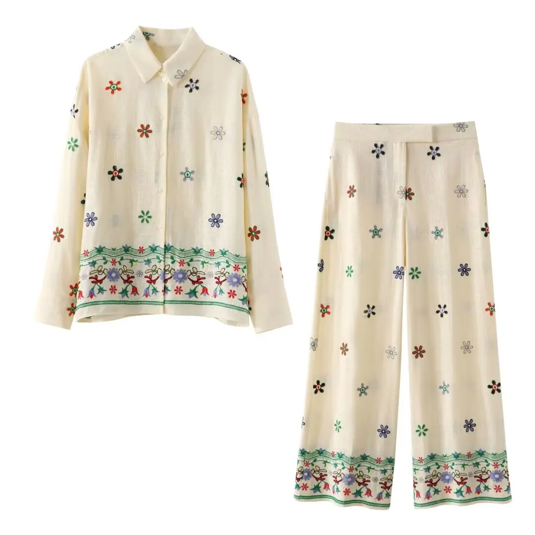 

Женский костюм из 2 предметов, новинка 2024, модная льняная блузка с цветочной вышивкой, блузка с длинным рукавом в стиле ретро + юбка с вышивкой