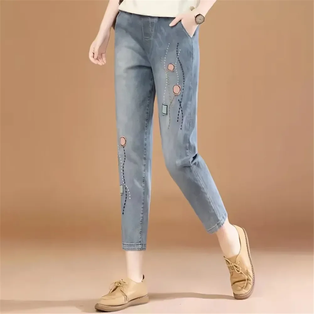 

2024 Spring And Autumn New Elastic High Waist Nine Quarter Jeans Mom Pants Loose And Versatile Elastic Harlan Pants Y2k Clothing