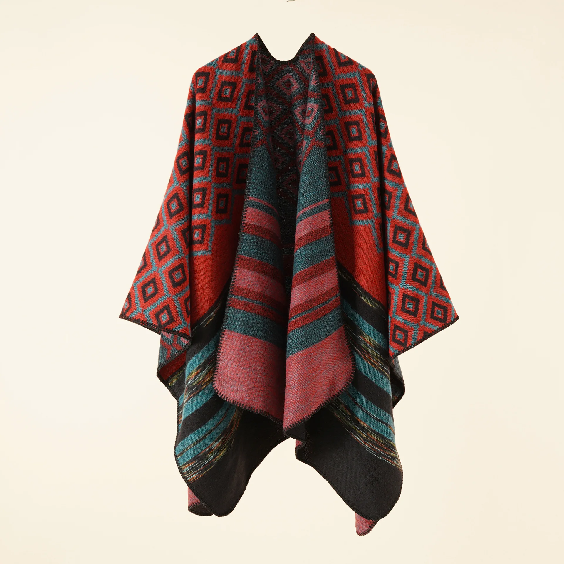 2022 Autumn Winter New Geometric Stripe Pattern Imitation Cashmere Warm Casual Women  Shawl  Poncho Capes Lady Coat Wine Red autumn winter double faced cape women s knitted coat warm imitation cashmere poncho lady capes gray cloaks