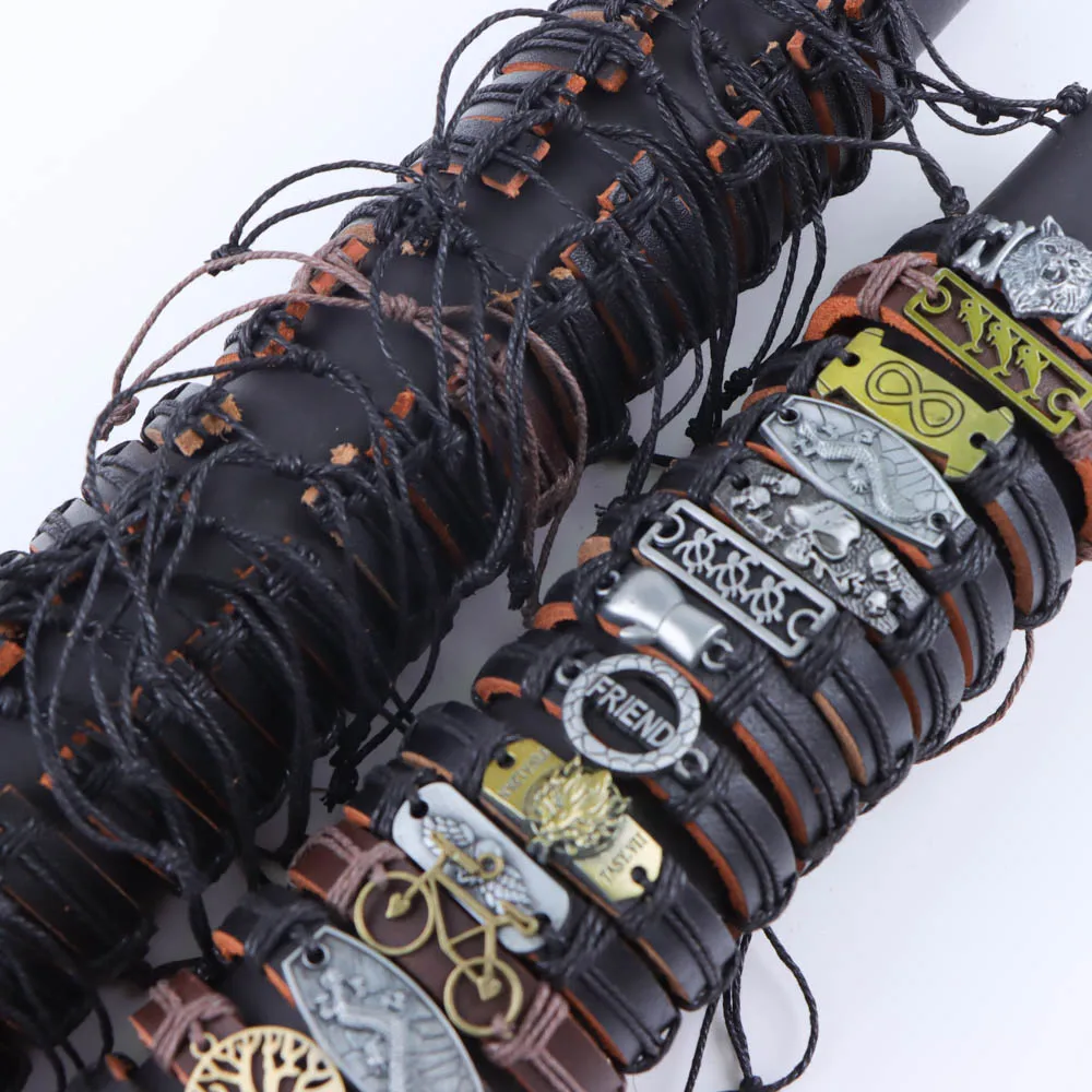 Leather Bracelets 10Pcs/Lot Vintage Metal Charm Star Shaped Women's and Men's Jewelry