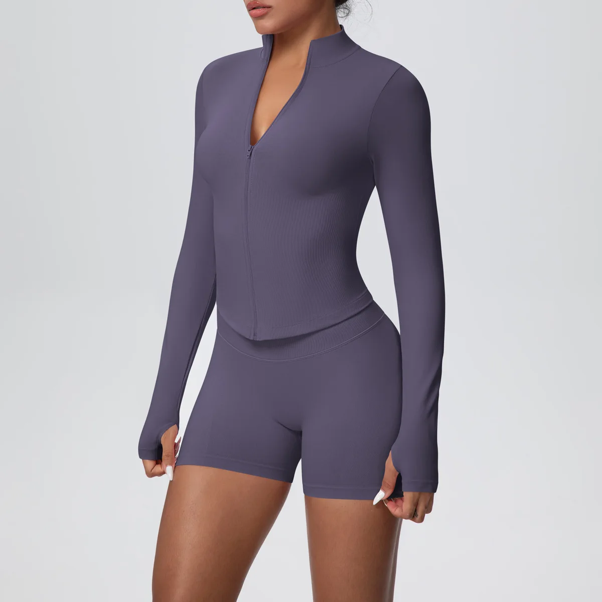 Women Gym Set - Seamless Yoga Suit With Zip Shirt & Cycling Shorts Activewear