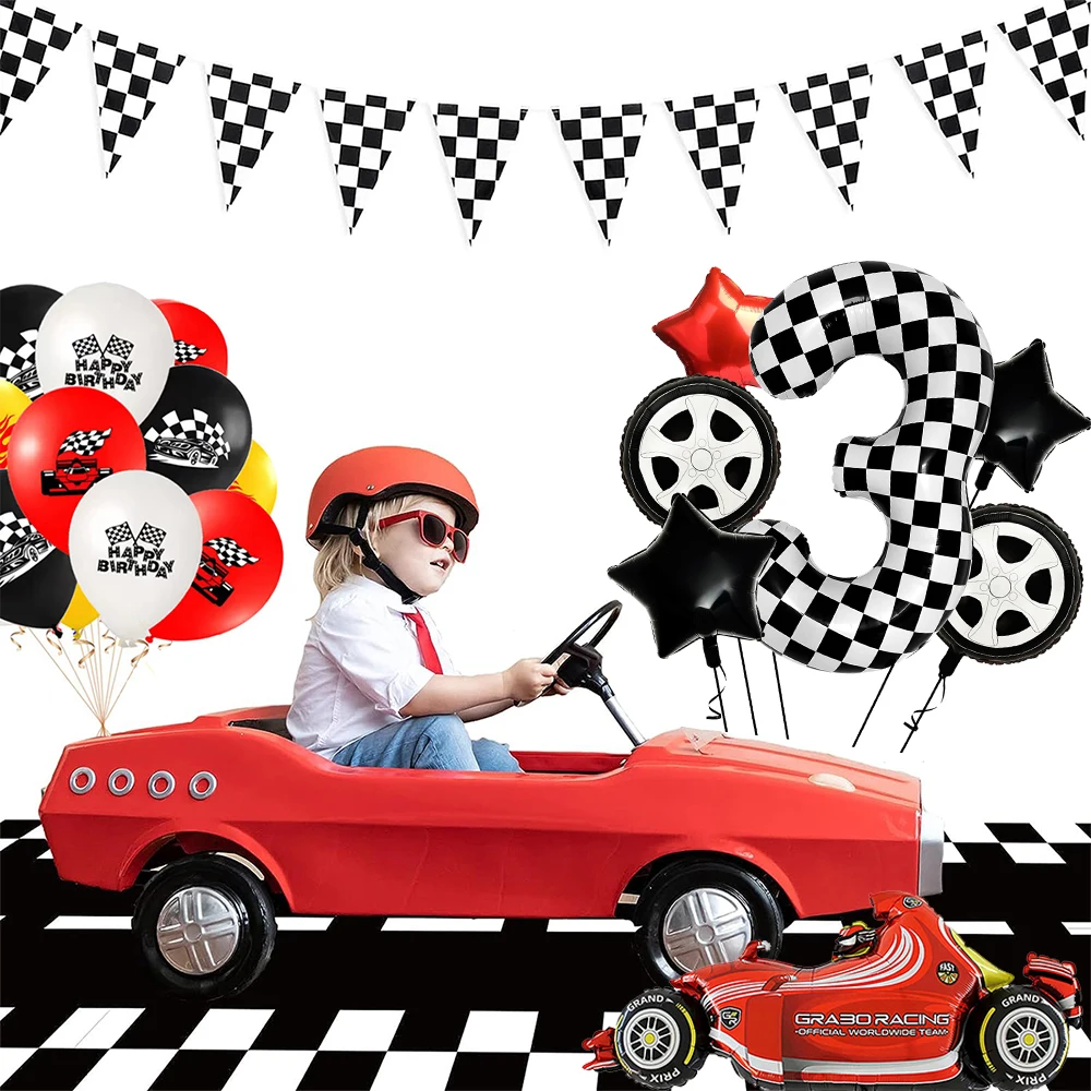 Race Car Theme Party Checkered Foil Balloons - Wheel & Tire Design for Kids Racing Birthday & Baby Shower Decorations