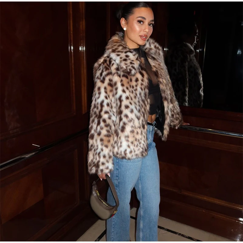 Leopard Print Faux Fur Short Coat Women Fashion Puff Plush Lapel Loose Button Jacket Female Winter Thick Warm Outerwear