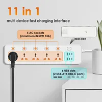 ปลั๊กพ่วงอเนกประสงค์พร้อมช่องเสียบ USB 6 ช่อง ปลั๊ก 5 ทาง สายต่อ 2 เมตร ปลั๊กไฟ AC พร้อมสวิตช์แยกอิสระสำหรับบ้านและหอพัก 3