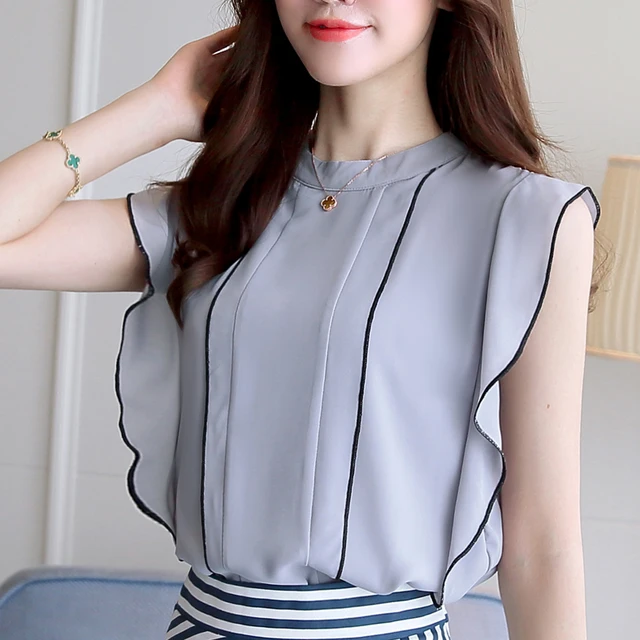 Chiffon Shirt Women's Blouse Summer Sleeveless White Chiffon Tops Korean  Office Lady Ruffled Shirt Stand-up Collar Solid Blusas - Women Blouse -  AliExpress