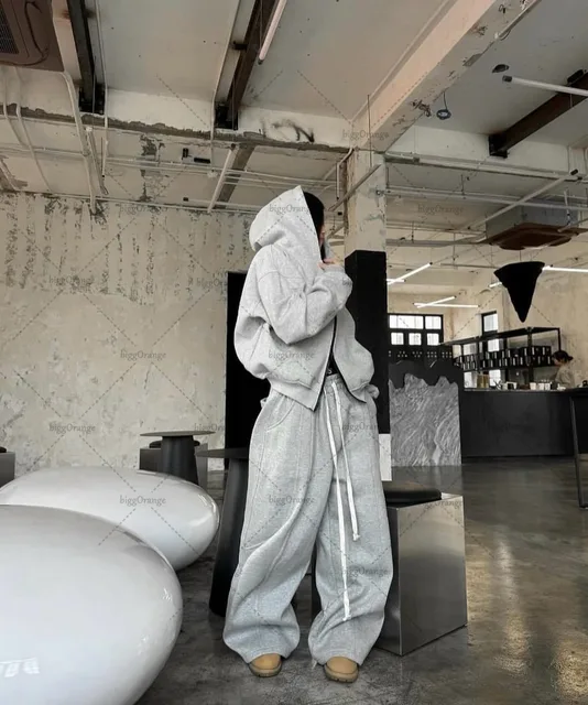 High Street American Retro Streetwear Women's Suit Two-piece Set Trendy Harajuku Zipper Hoodie Casual Splicing Grey Sweatpants 1