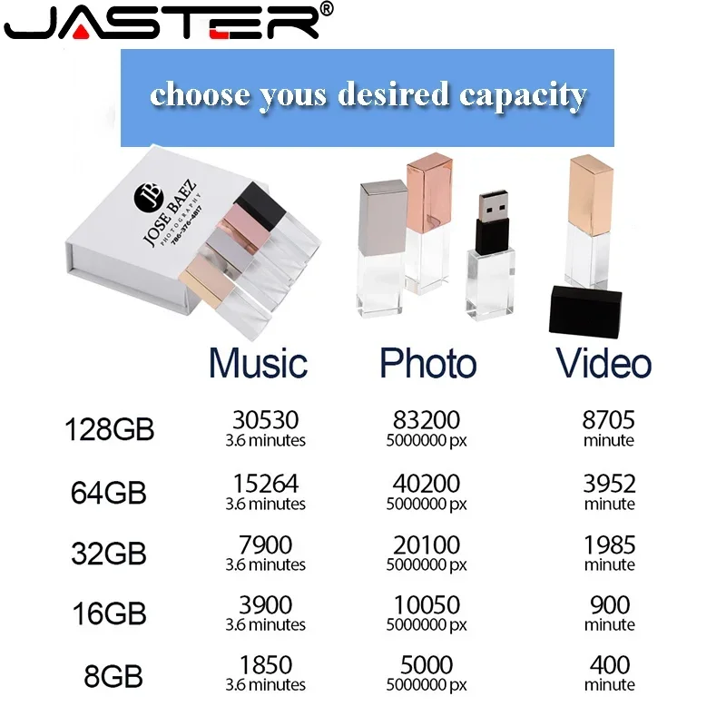 Jaster Rosa Ouro Cristal Caneta Drive2.0 128gb 64gb Ouro Cristal 32gb 16gb Usb Vara Livre Logotipo Personalizado Caixa de Papel Branco Casamento Presentes - Imagem 3