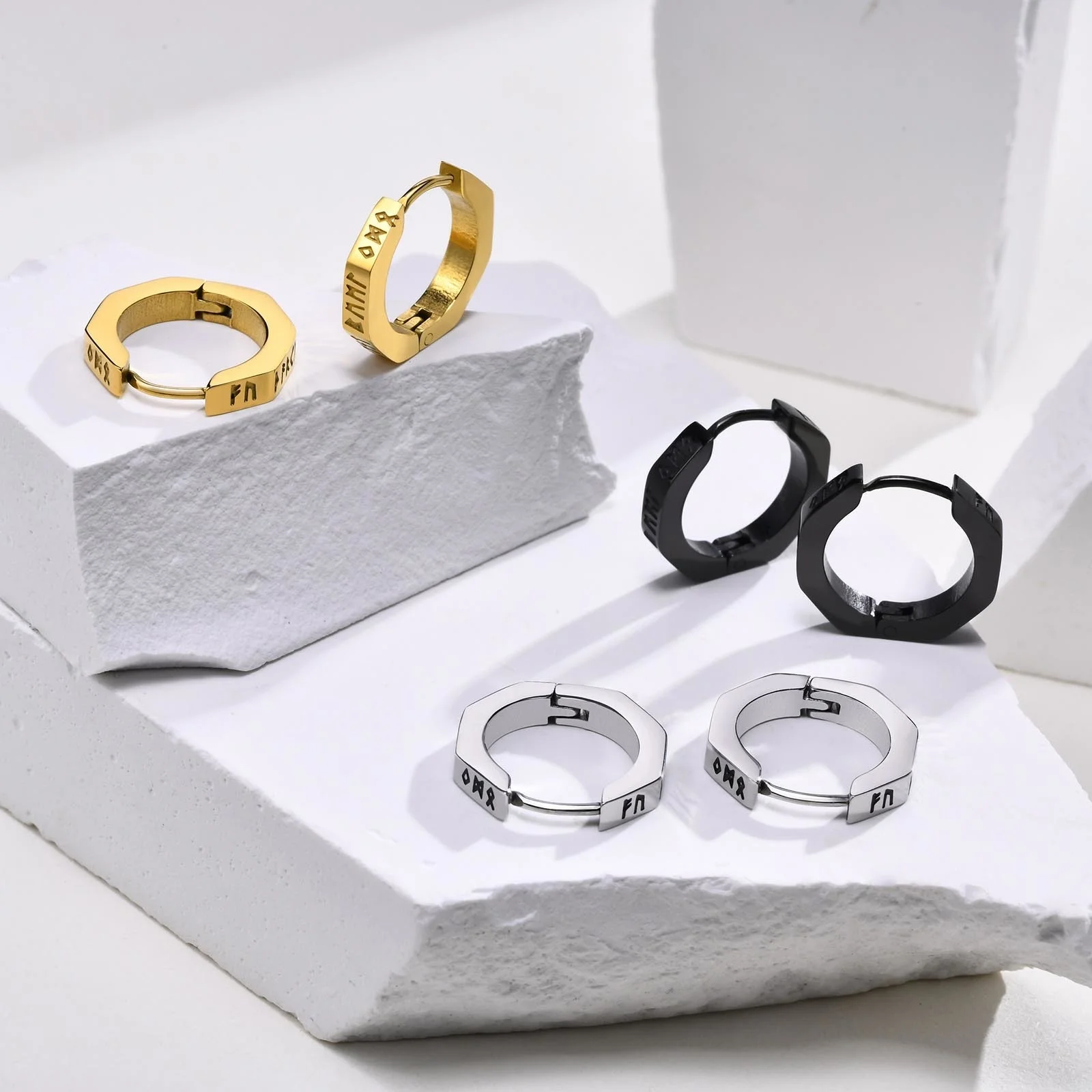 North Viking Hoop Earrings for men Stainless steel Octagon Runes Round Earrings Talisman Stylish Jewelry Viking Gifts for Male