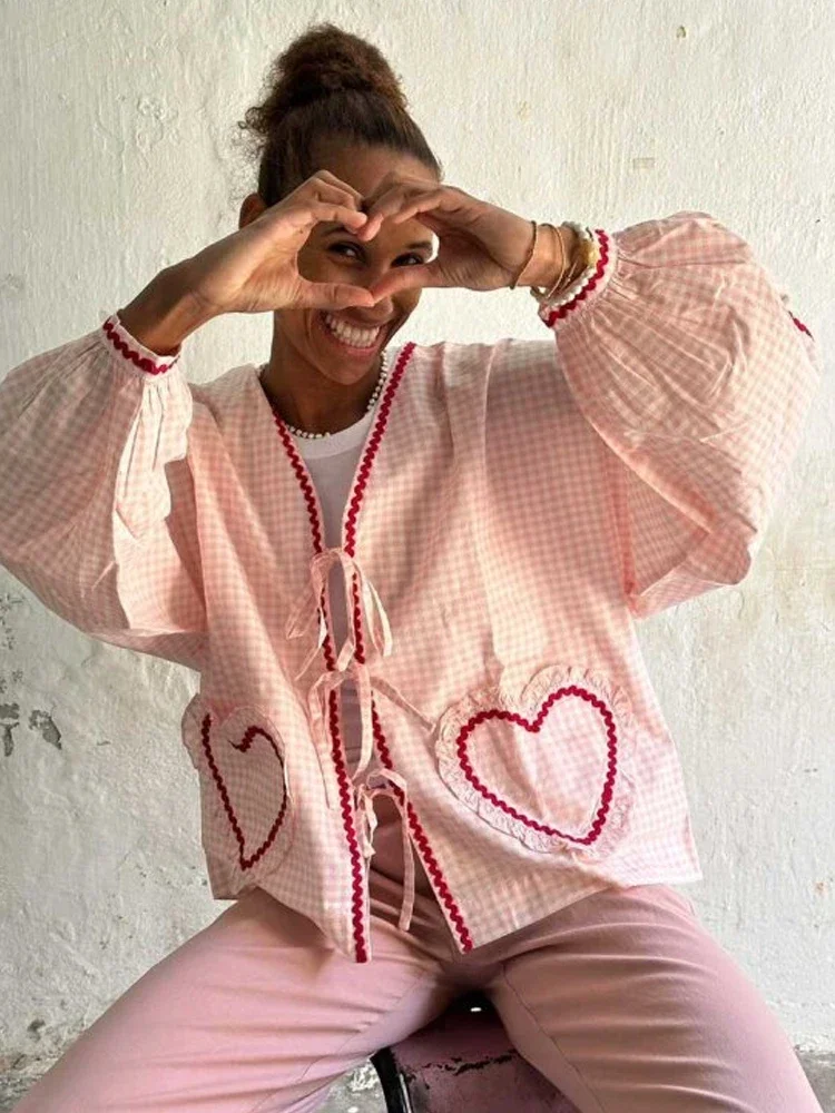 Fashion Pink Plaid Sweatheart Shirts Women 2024 Spring Summer Long Sleeve Lace Up Cardigan Blouse Female Elegant Chic Lady Tops