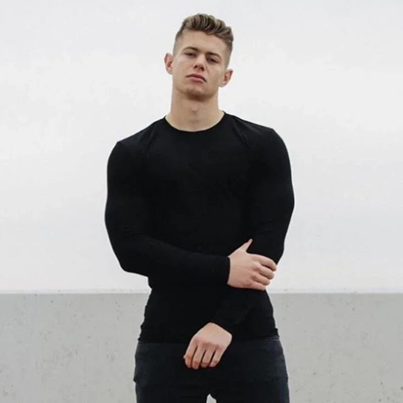 Plain Autunm Cotton Long Sleeve T-shirts Gym Clothing Bodybuilding Fitness Clothing Mens Casual Fashion Slim Fit Sports Shirts 4 S80dfa1e31ff4424a94dd382b55db629bE