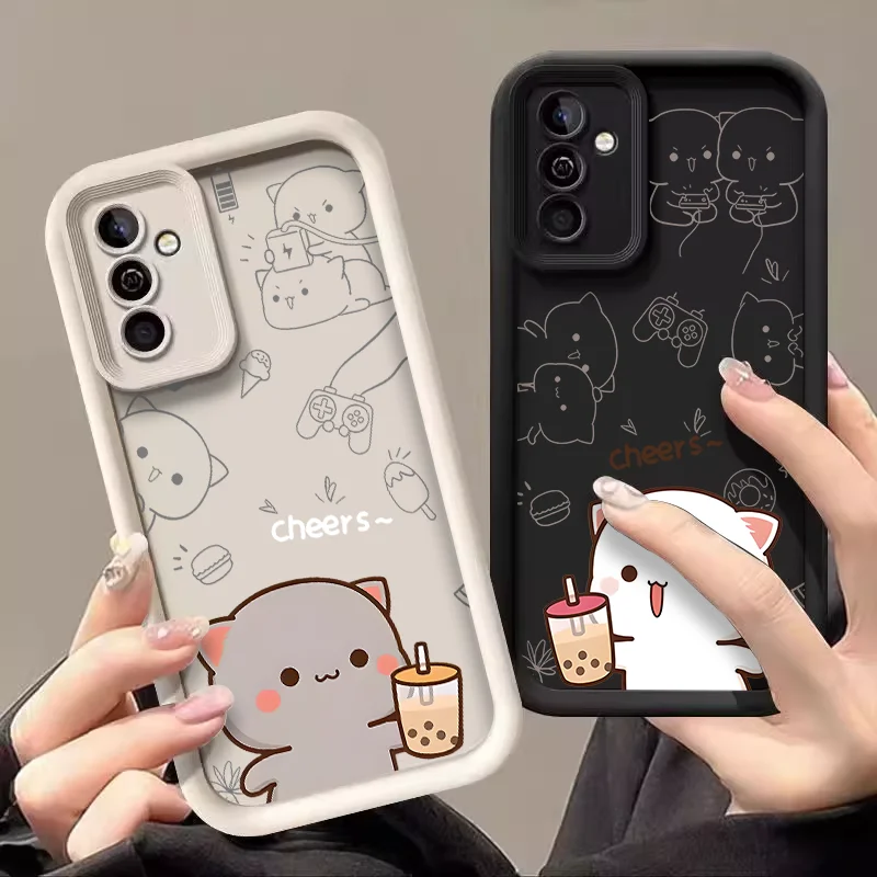 Cartoon Peach Mochi Cat Couple Case - Cute Animal Paired Soft Cover