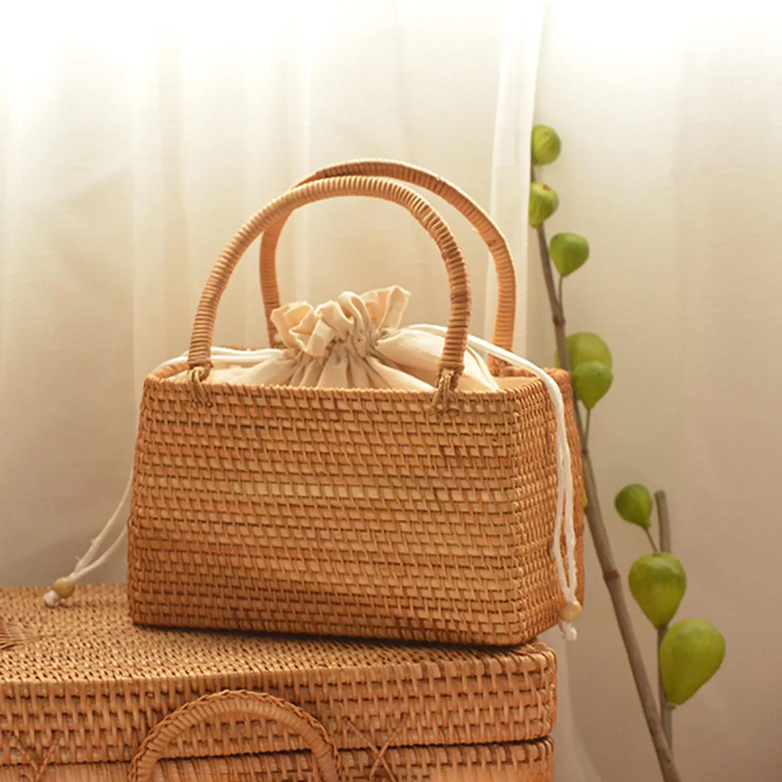 Boho Style Hand Woven Rattan Handbag Picnic  Travel Clutch Bag Hand Basket Rectangle Rattan Portable Bag