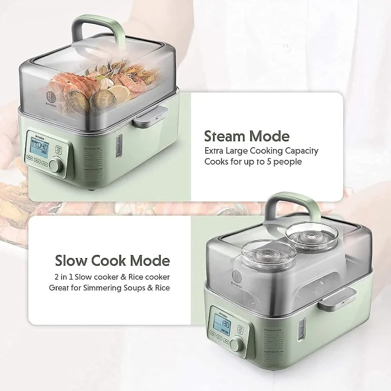 BUYDEEM G563-A501 Electric Food Steamer for Cooking, 2 Tire Stainless Steel Steamer with Slow Cook Mode, 1500W, 10-Quart, Green 3
