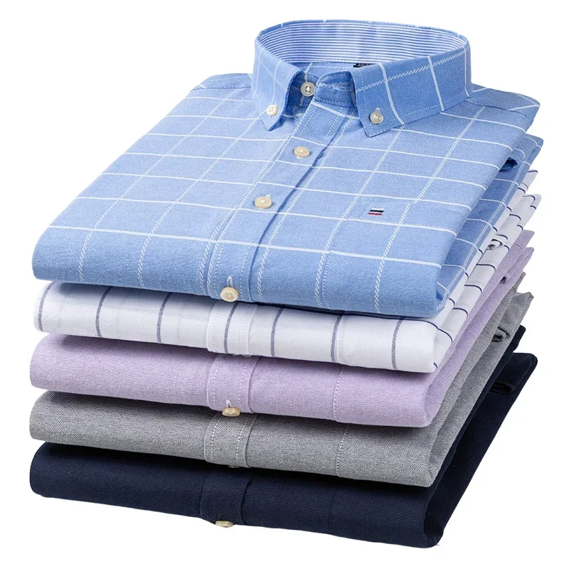 Men Oxford Cotton Long Sleeve Casual Slim Solid Color Plaid Print Stripe Formal Dress Shirt Plus Size