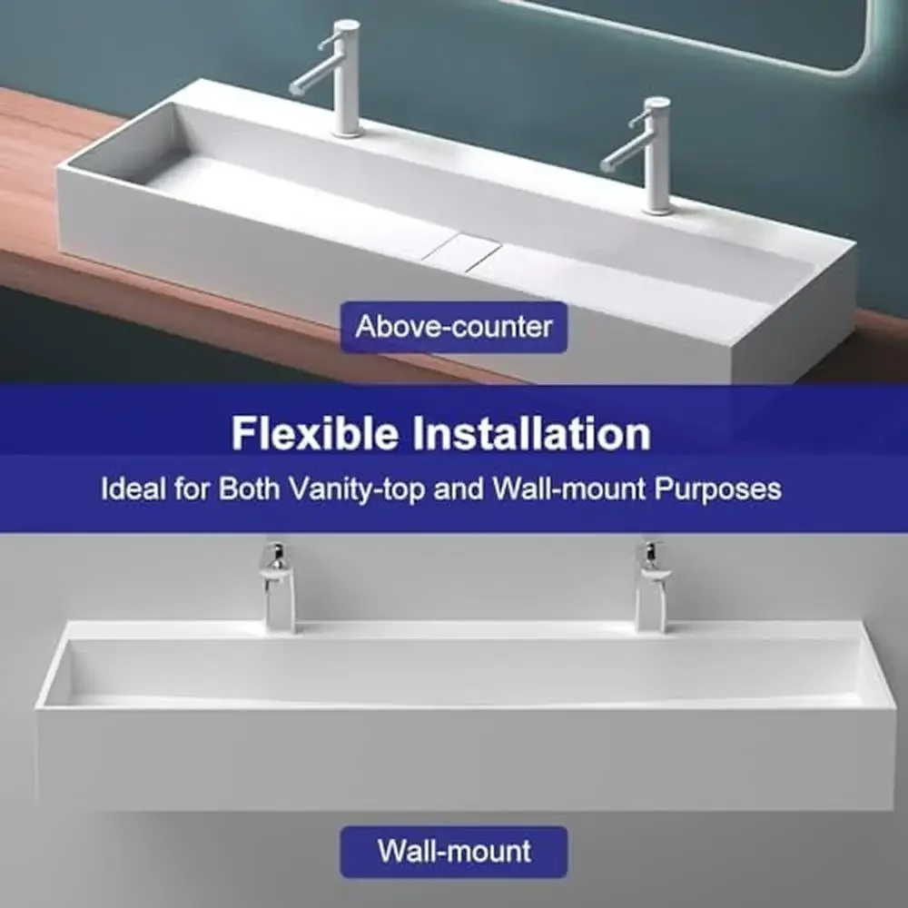 Modern Wall Mount Bathroom Sink Matte White Stone Resin Floating Vanity Sink 47" Double Bowl Trough Sink 2