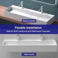 Modern Wall Mount Bathroom Sink Matte White Stone Resin Floating Vanity Sink 47" Double Bowl Trough Sink 2