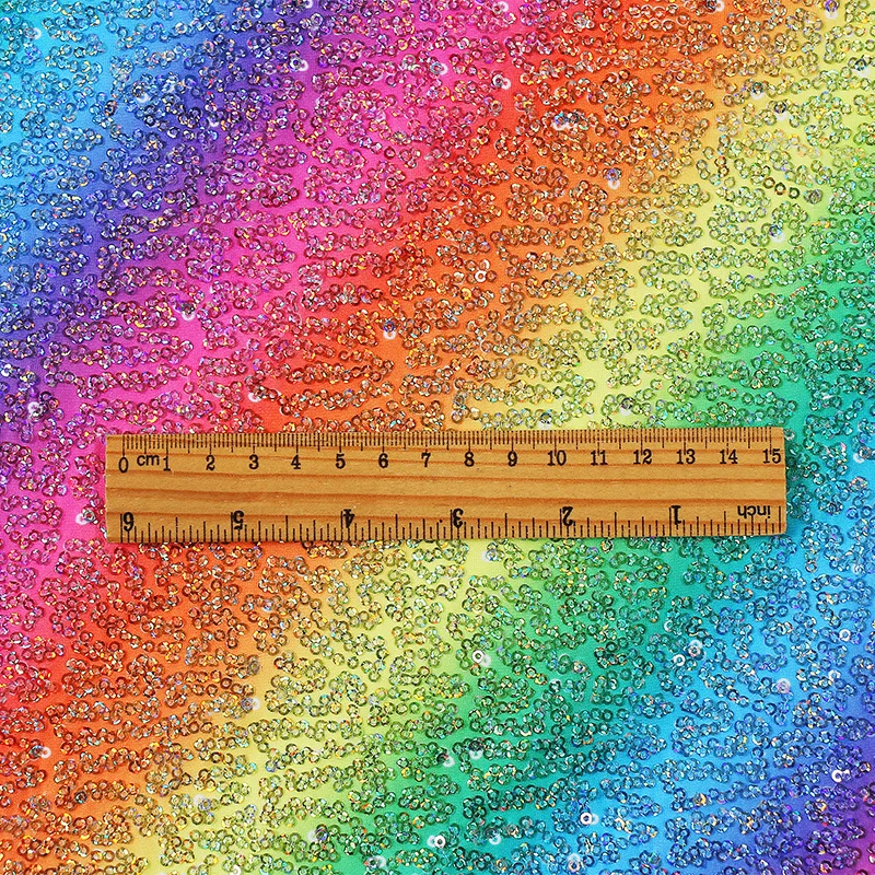 Glitzy Embroidery Sequin Rainbow Printed Stretch Knit Ground For Clothsing Making Party Events Dancewear Fabric