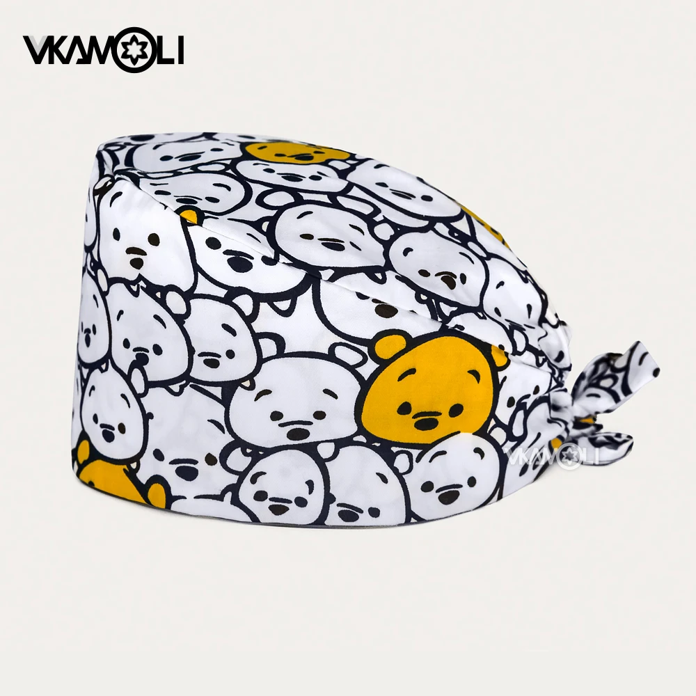 Cute bear printed surgical cap Adjustable pet clinic vet Surgery Cap for Medical Dental Dentist scrub cap 100% COTTON scrubs hat