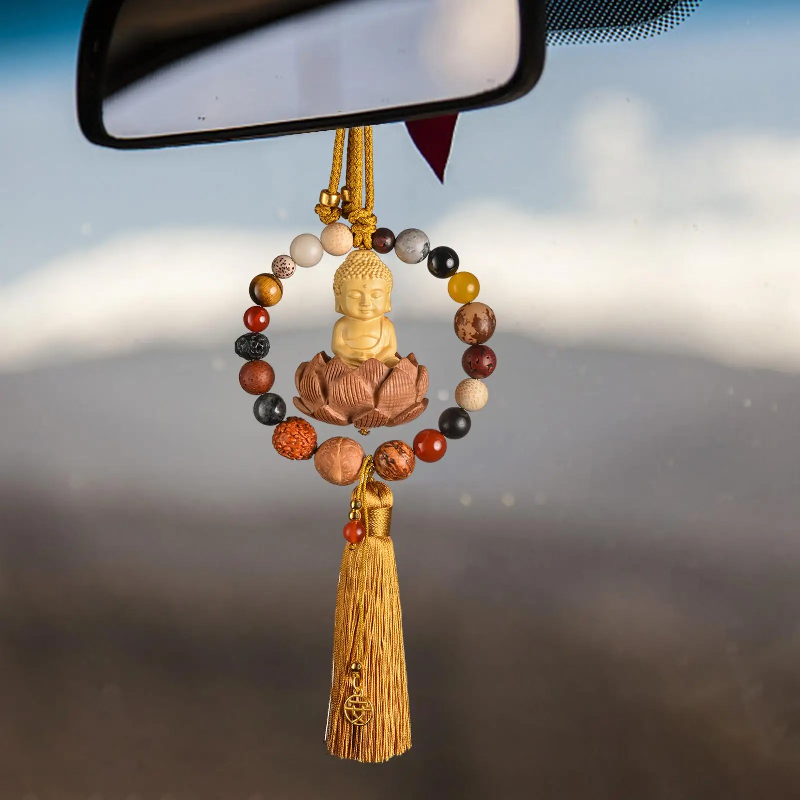 Buddha Statue Car Rearview Mirror Pendant Decorative Auto Interior Dangle Wood