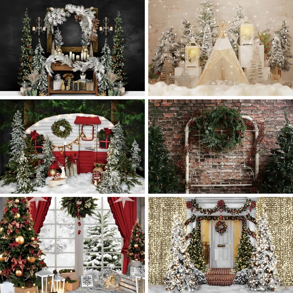 

Christmas Backgrounds for Photography Xmas Trees Snowflakes Windows Fireplace Party Backdrop Family Portrait Photos Shoot Props