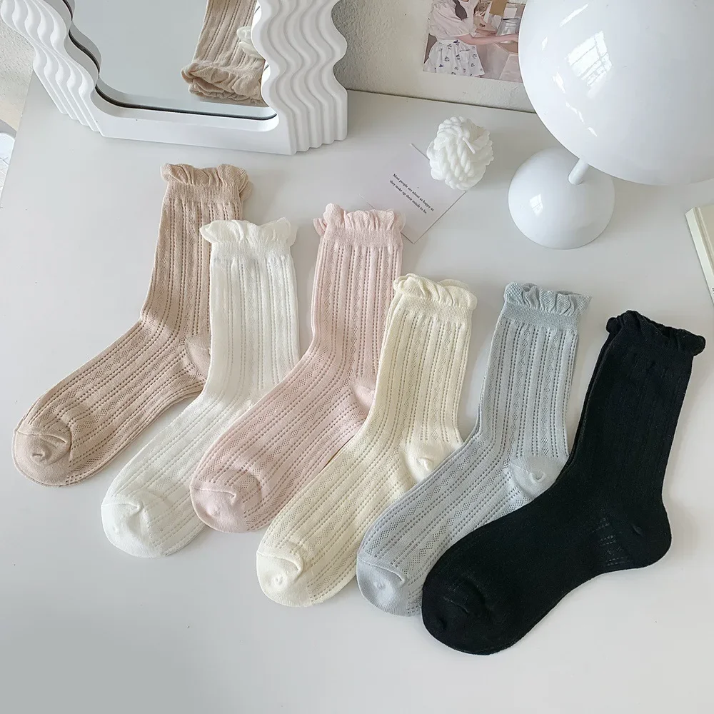 

Sweet Girls Ruffle Socks Women Hollow Out Mesh Breathable Long Socks Fashion Solid Color Black White Women Socks Lolita Japanese
