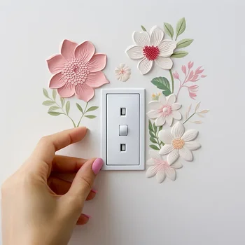 Autocollant mural interrupteur de belles fleurs, autocollant imperméable amovible en PVC pour chambre à coucher, salle de bains, salon, décoration de la maison 1