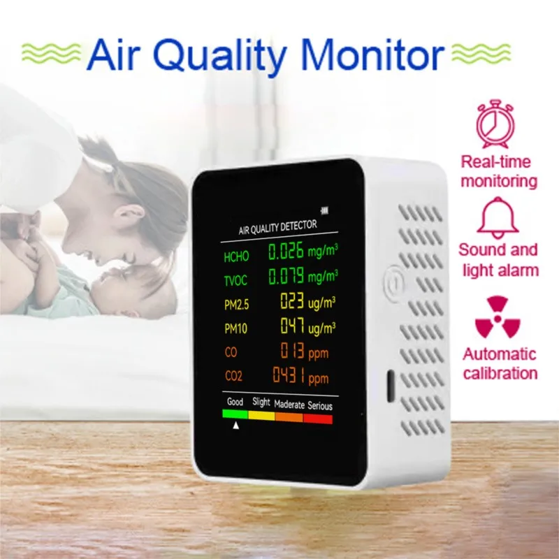 

6 в 1 детектор качества воздуха PM2.5 PM10 HCHO TVOC CO CO2 детекция формальдегида ЖК-экран