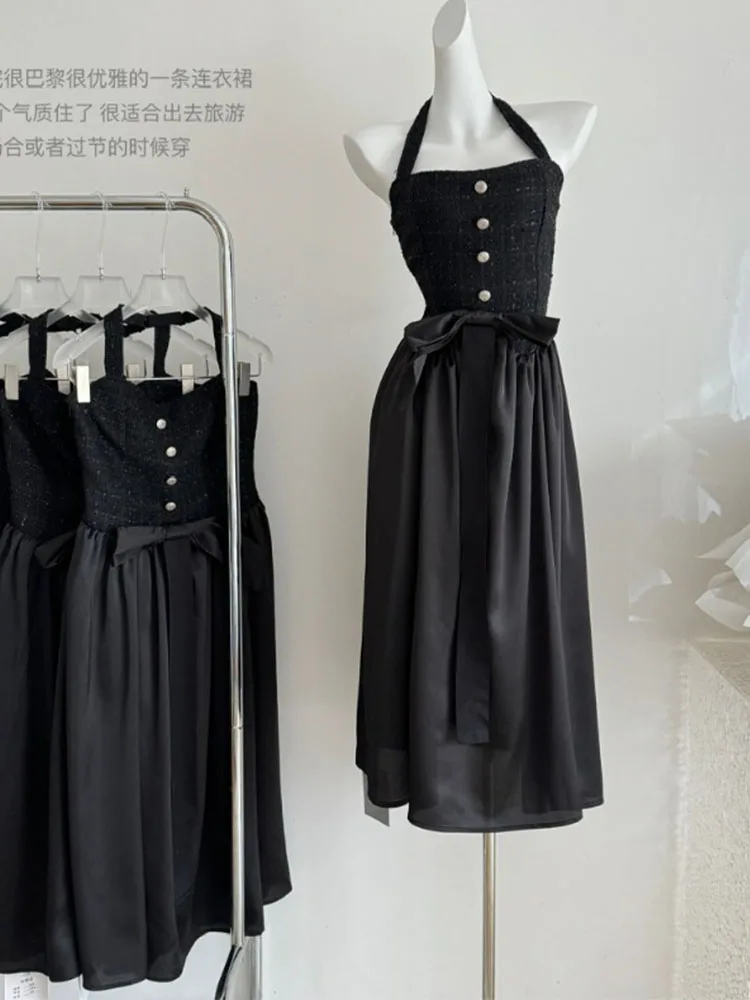 

French Elegance Halter Dress Thin Fashion Vintage Black Party Evening Dress Sleeveless Kpop Gothic 2000s Aesthetic High Quality