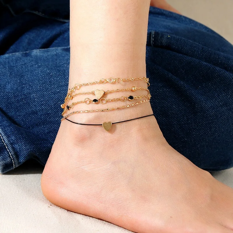 5pcs set Boho Multilayer Anklet Bracelet For Women Vintage Beach Accessories Barefoot Chain Heart Anklets Jewelry Gift - AliExpress